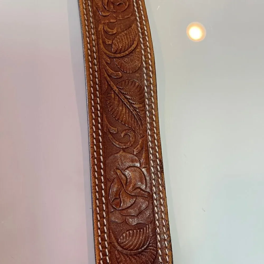 Vtg The Belt Factory Hand Tooled Leather Belt feathers and rose Cowhide  Size 38